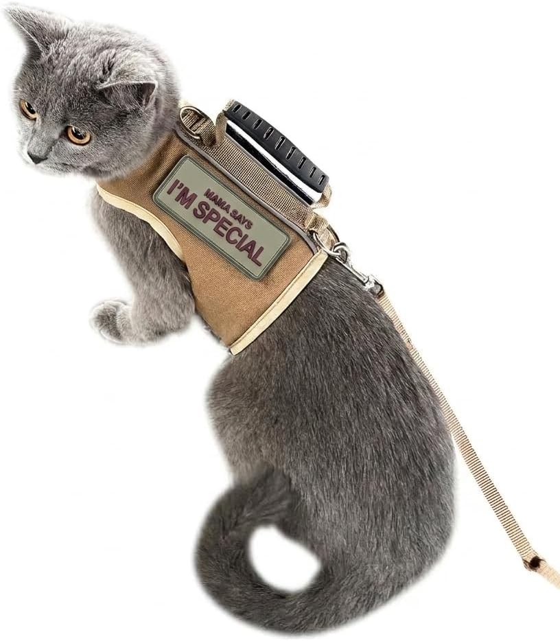Cat Harness and Leash Set for Walking Escape Proof, Khaki, Large | No Over-the-head, Easy On or OFF, for Average to Large Cat Walks, Vest Style, Adjustable Hook and Loop, Lightweight