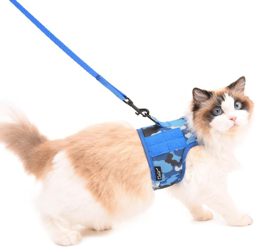 Cat Harness and Leash Set for Walking Escape Proof, Blue, Large | No Over-the-head, Easy on or off, for Average to Large Cat Walks, Vest Style, Adjustable Hook and Loop, Lightweight
