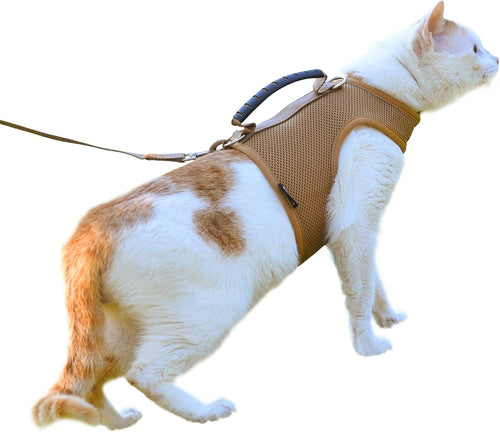 Cat Harness and Leash Set for Walking Escape Proof, Khaki, Large | No Over-the-head, Easy On or OFF, for Average to Large Cat Walks, Vest Style, Adjustable Hook and Loop, Lightweight