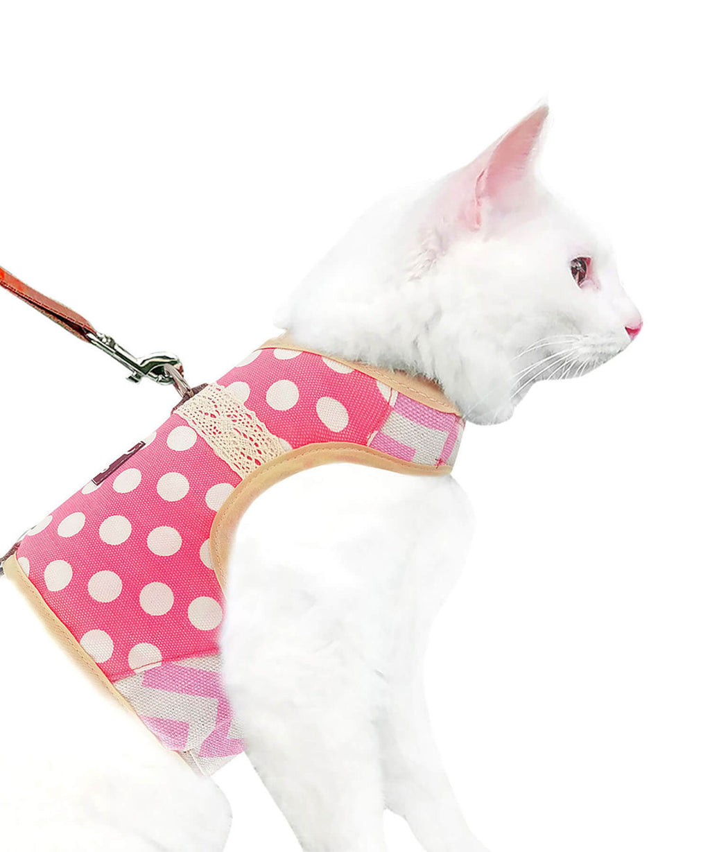 Polka-Dot Canvas Harness And Leash Set For Cats - Pink