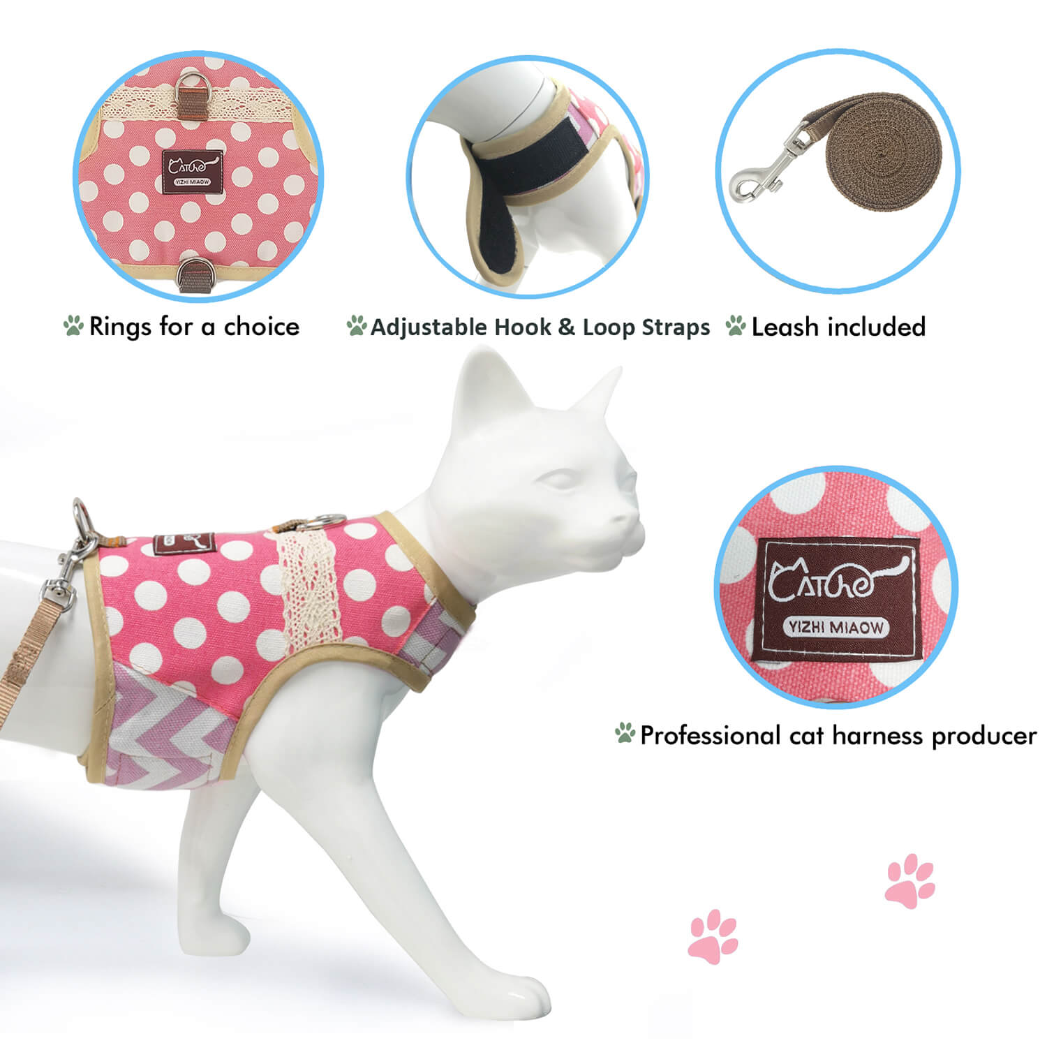 Polka-Dot Canvas Harness And Leash Set For Cats - Pink