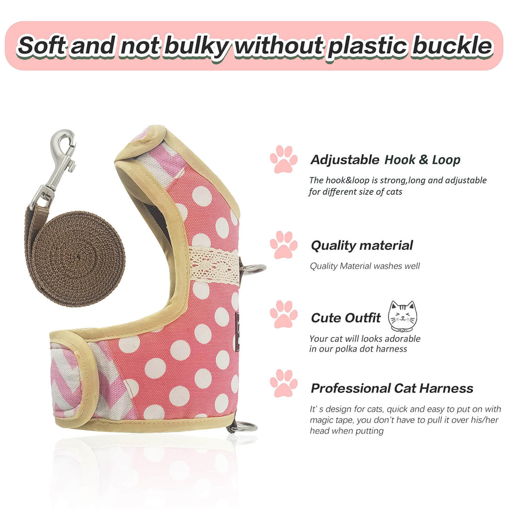 Polka-Dot Canvas Harness And Leash Set For Cats - Pink