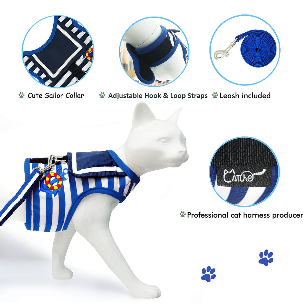 Nautical Style Cat Harness And Leash Set - Blue