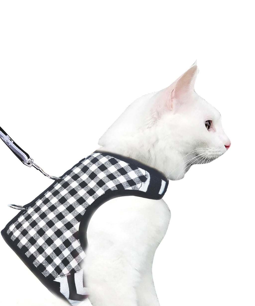 Plaid Canvas Cat Harness and Leash Set - Black