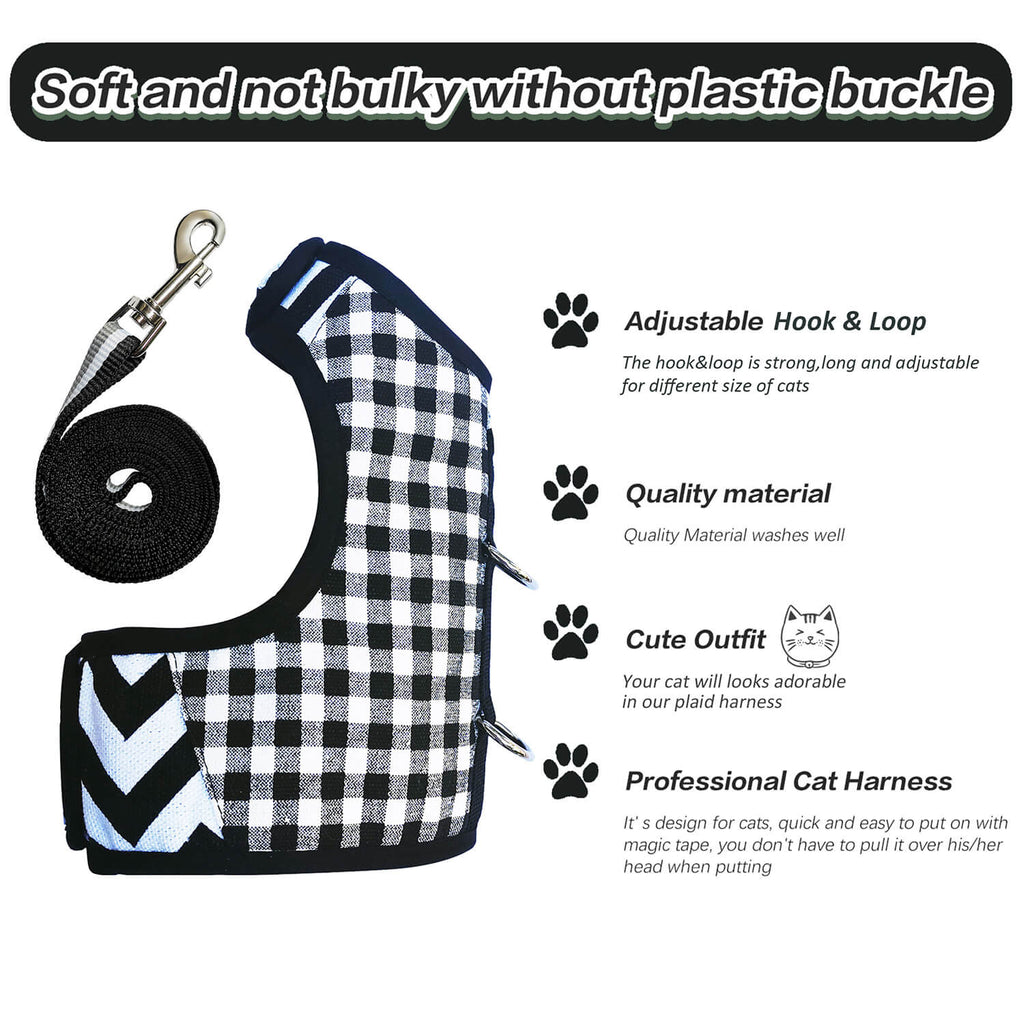 Plaid Canvas Cat Harness and Leash Set - Black