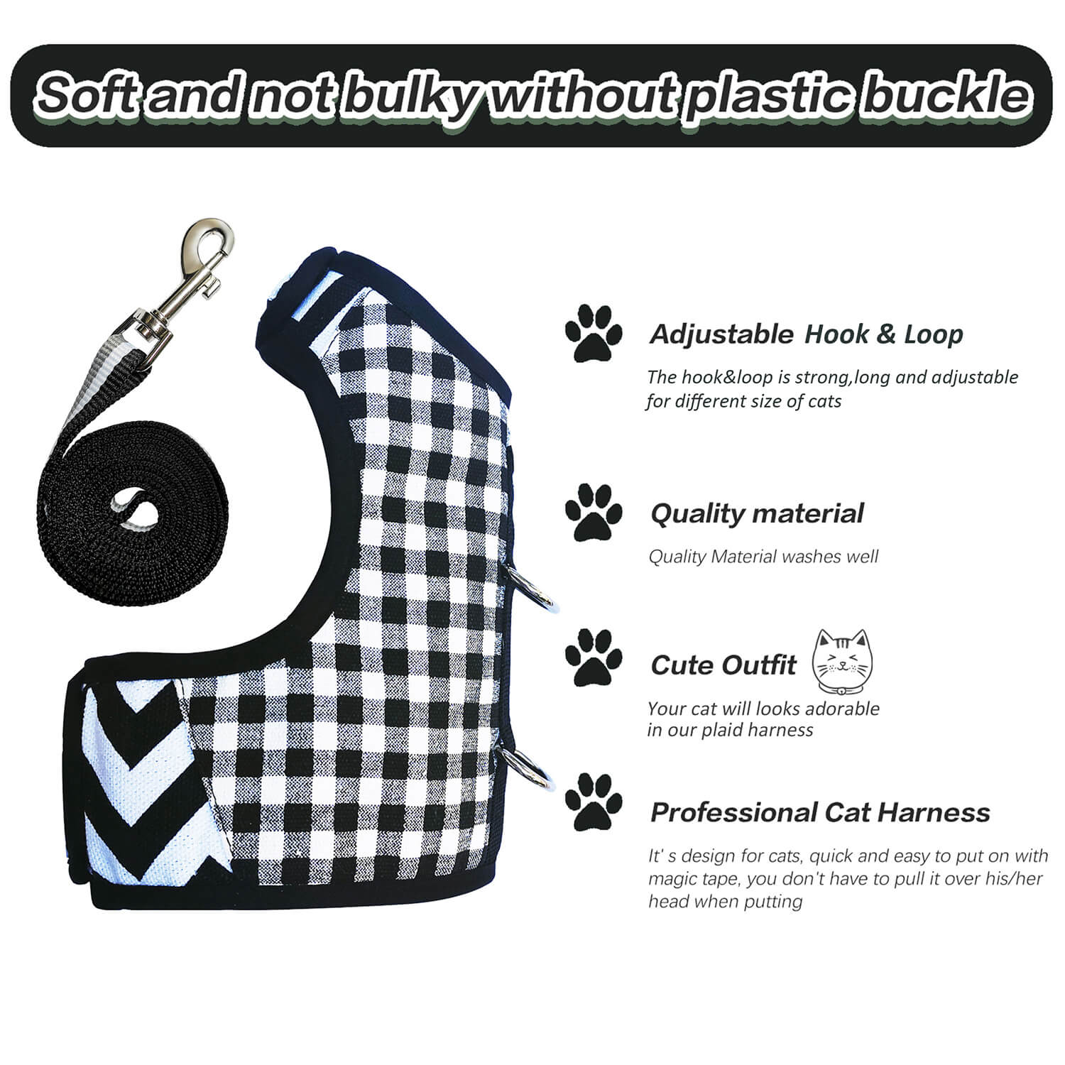 Plaid Canvas Cat Harness and Leash Set - Black