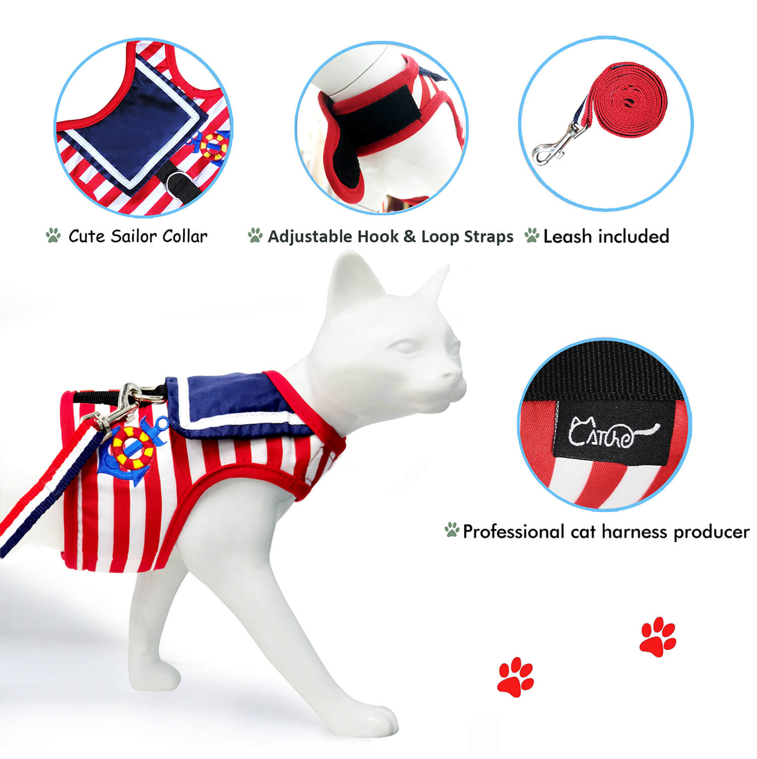 Nautical Style Cat Harness And Leash Set - Red