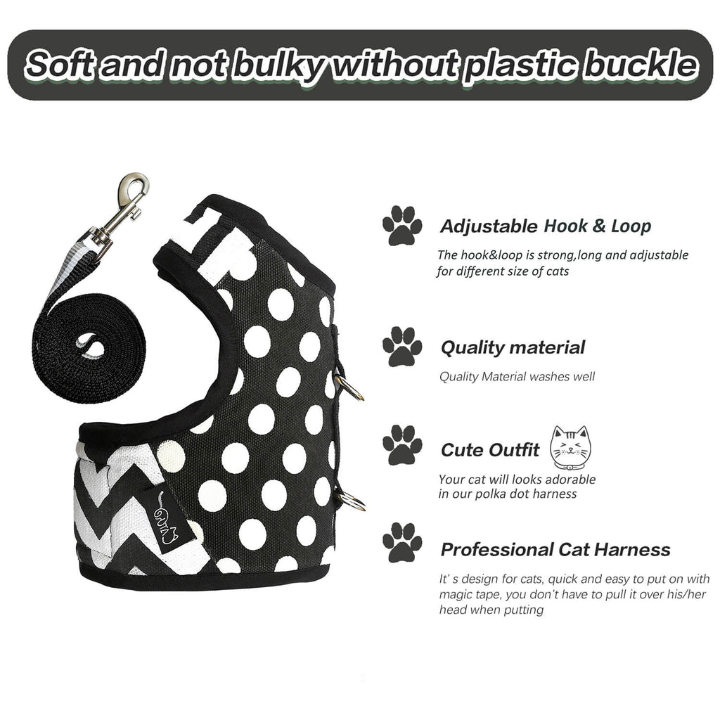 Polka-Dot Canvas Harness And Leash Set For Cats - Black