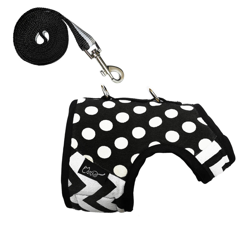 Polka-Dot Canvas Harness And Leash Set For Cats - Black