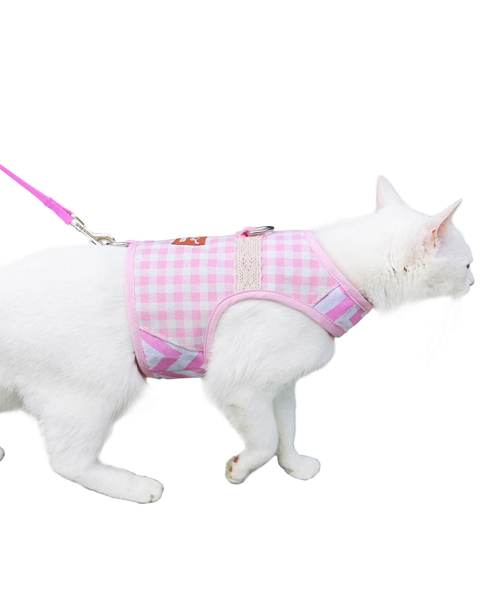 Plaid Canvas Cat Harness and Leash Set - Pink