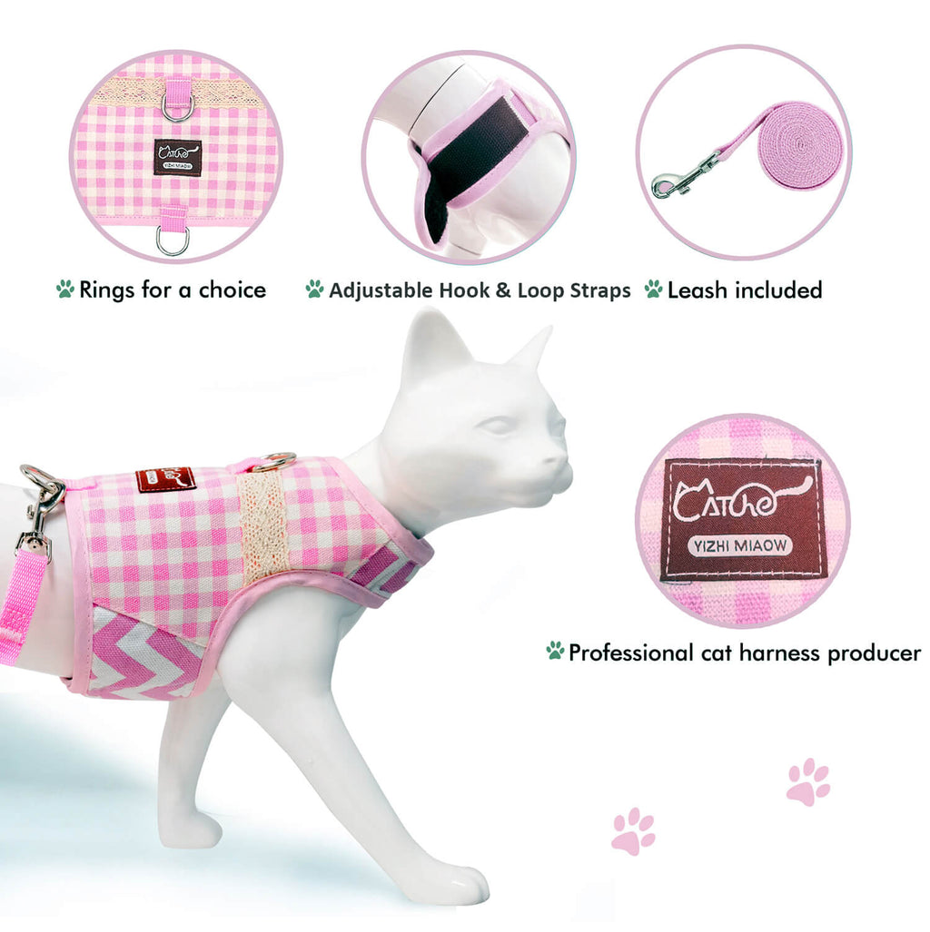 Plaid Canvas Cat Harness and Leash Set - Pink