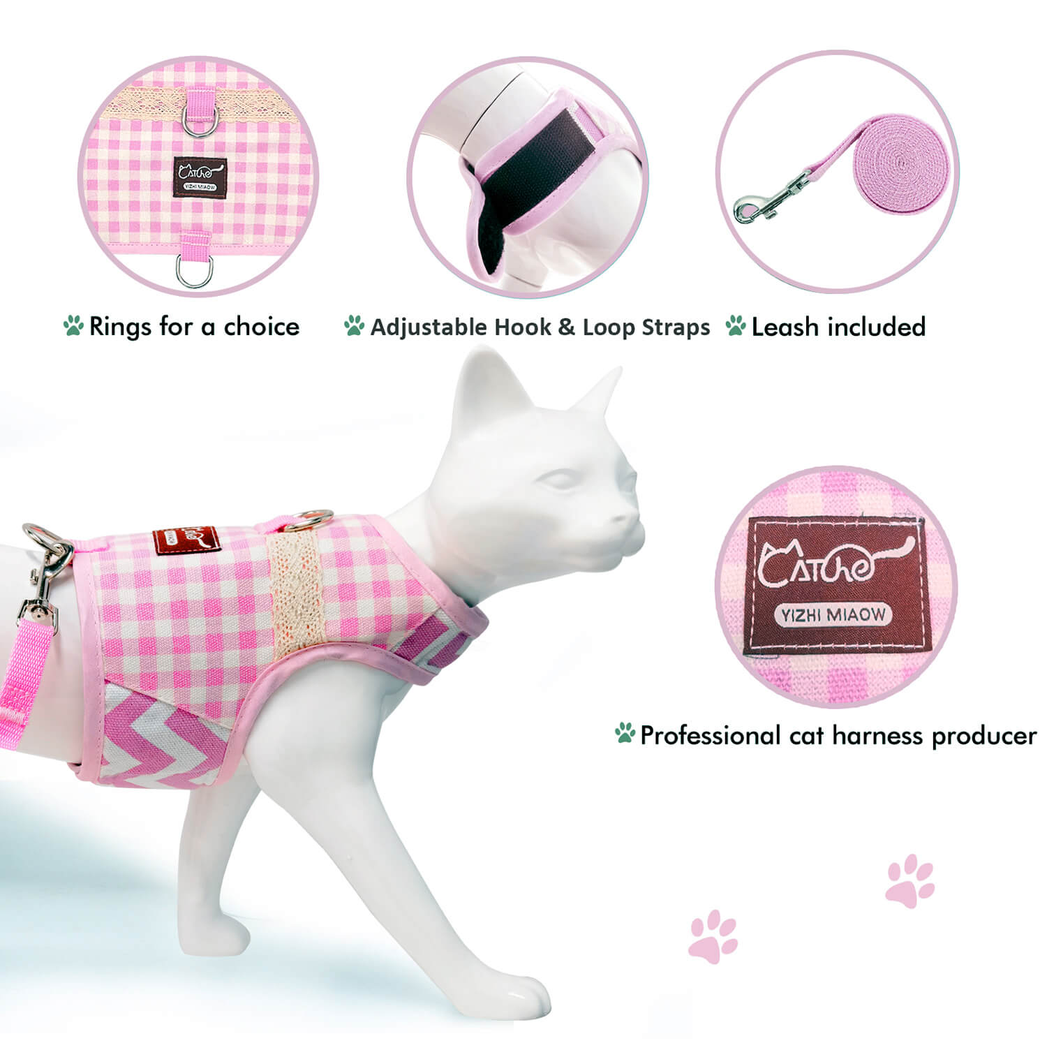 Plaid Canvas Cat Harness and Leash Set - Pink