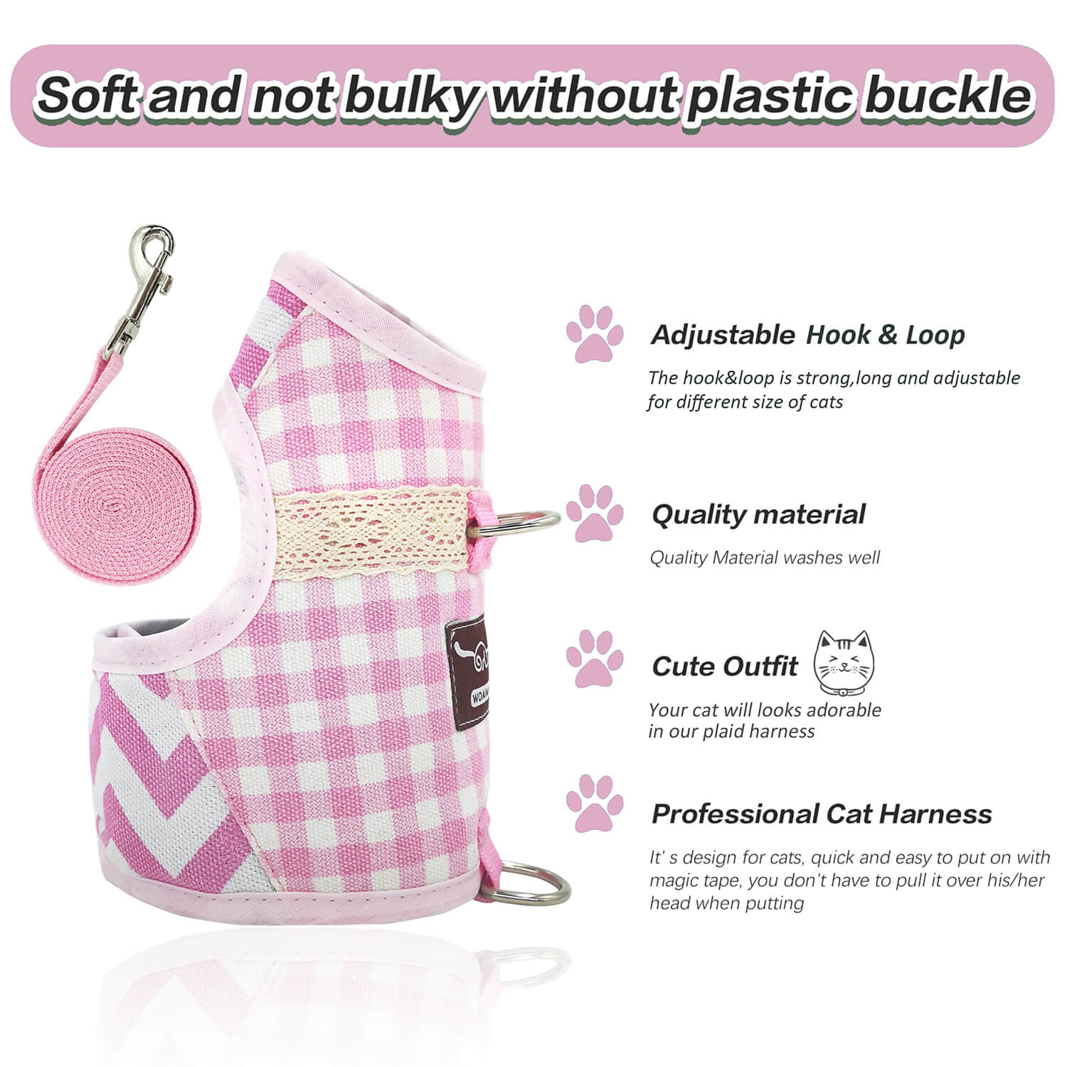 Plaid Canvas Cat Harness and Leash Set - Pink