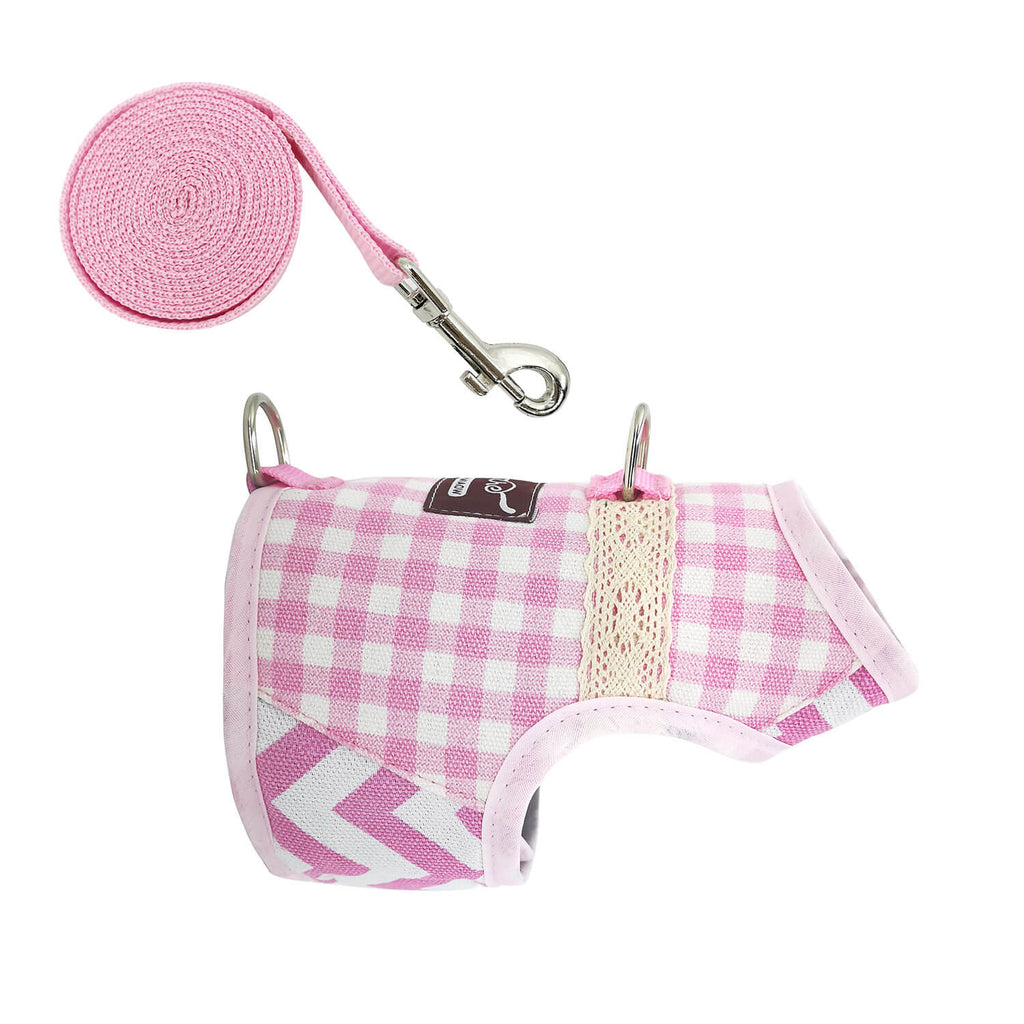 Plaid Canvas Cat Harness and Leash Set - Pink