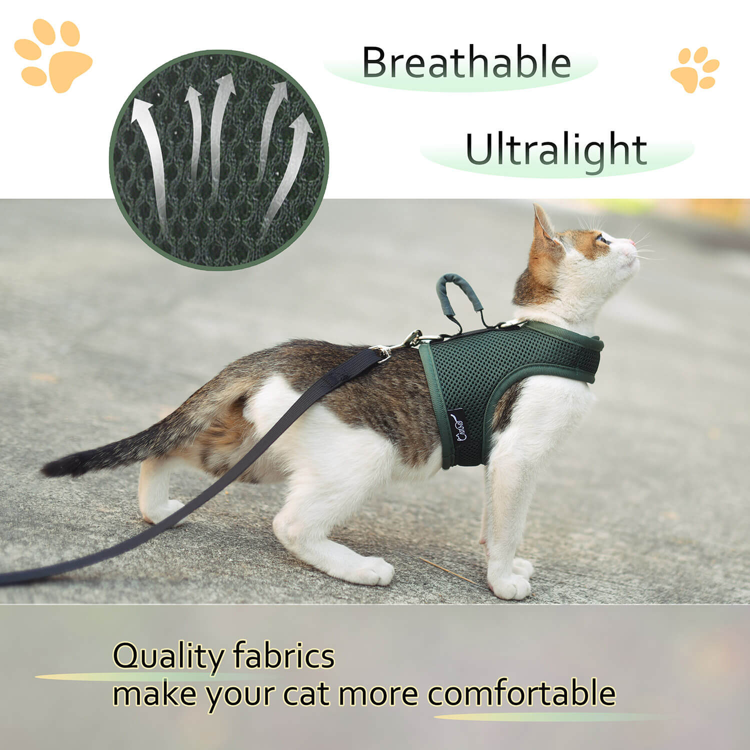 Mesh Cat Harness and Leash Set with Handle - Green