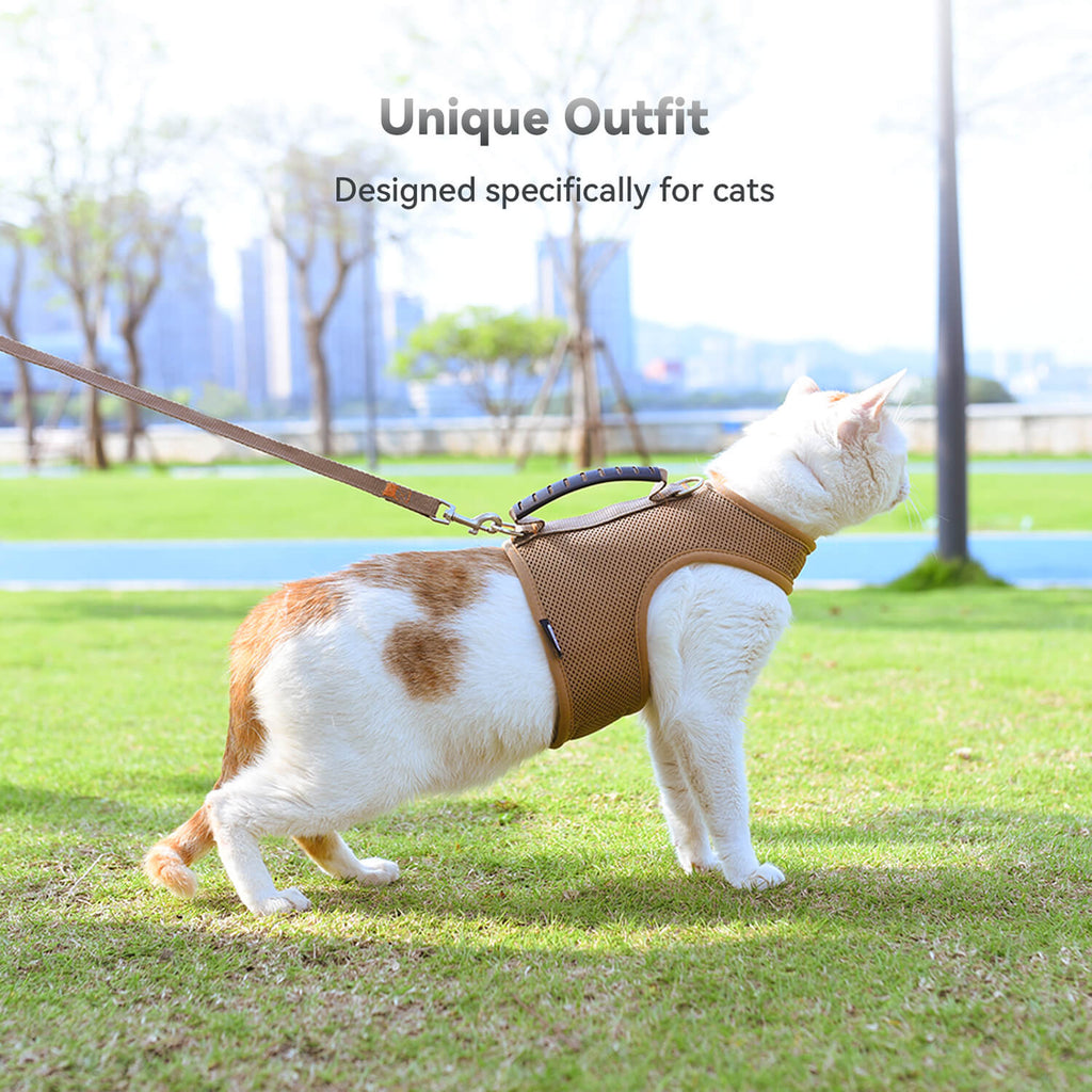 Mesh Cat Harness and Leash Set with Handle - Brown