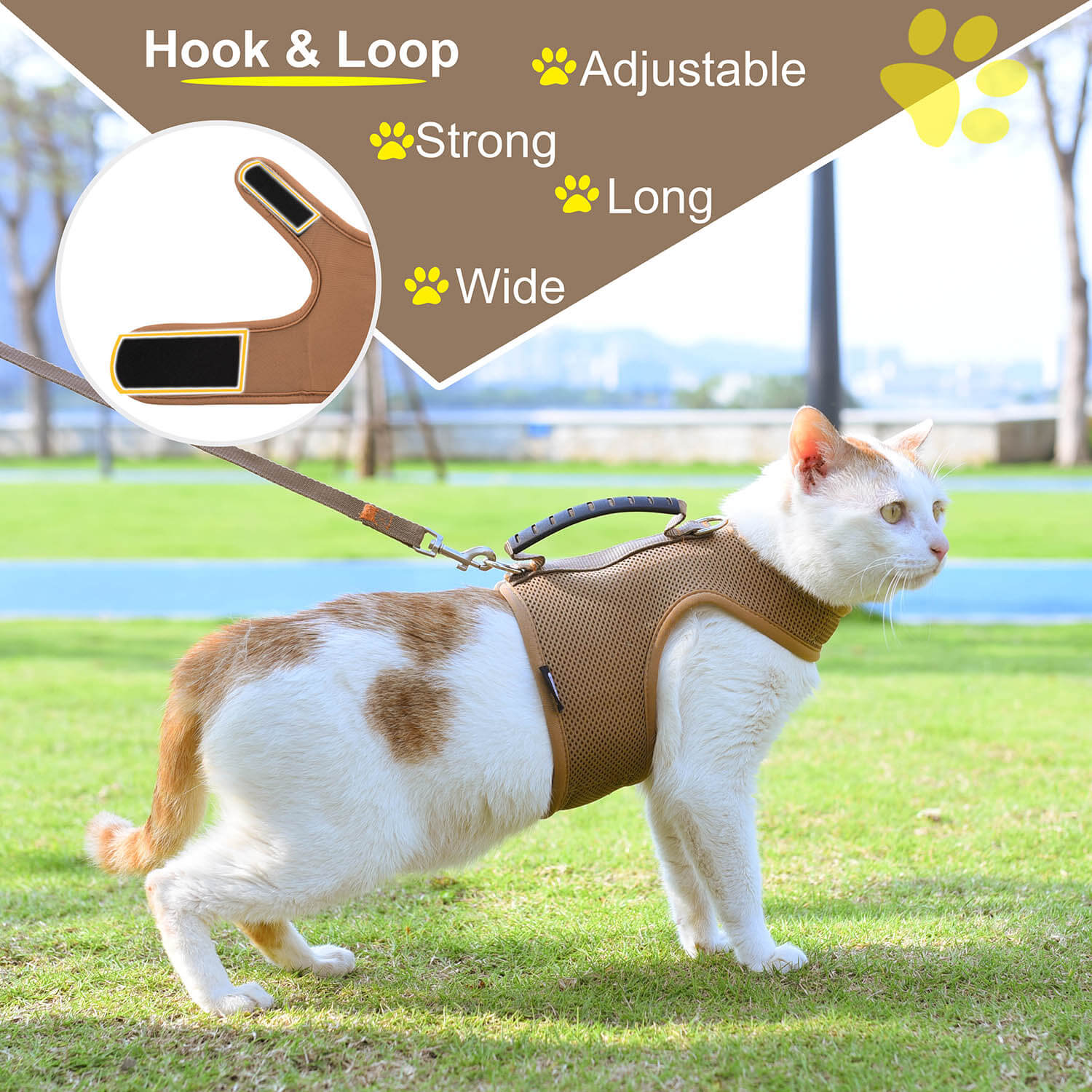 Mesh Cat Harness and Leash Set with Handle - Brown