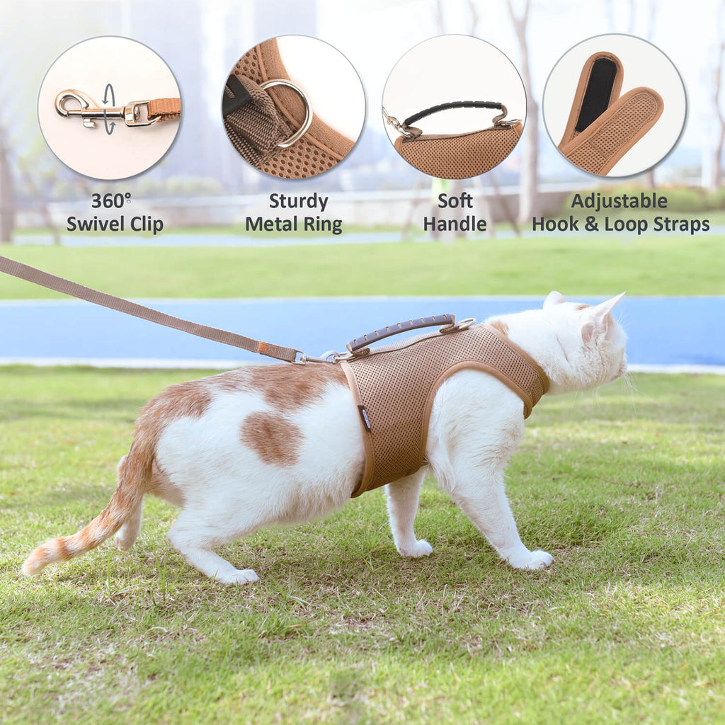 Mesh Cat Harness and Leash Set with Handle - Brown