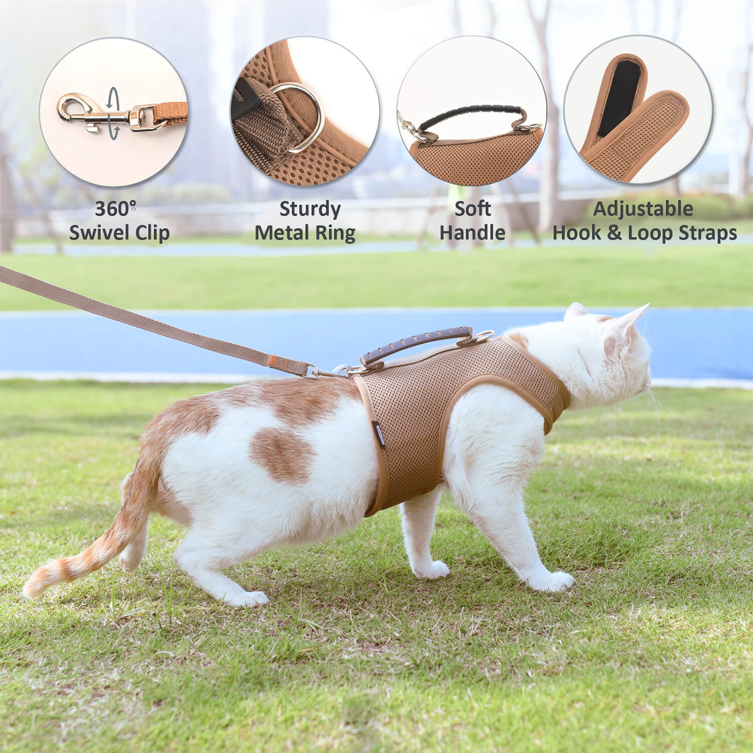 Mesh Cat Harness and Leash Set with Handle - Brown
