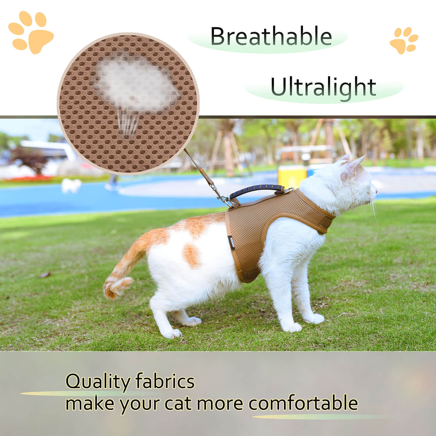 Mesh Cat Harness and Leash Set with Handle - Brown