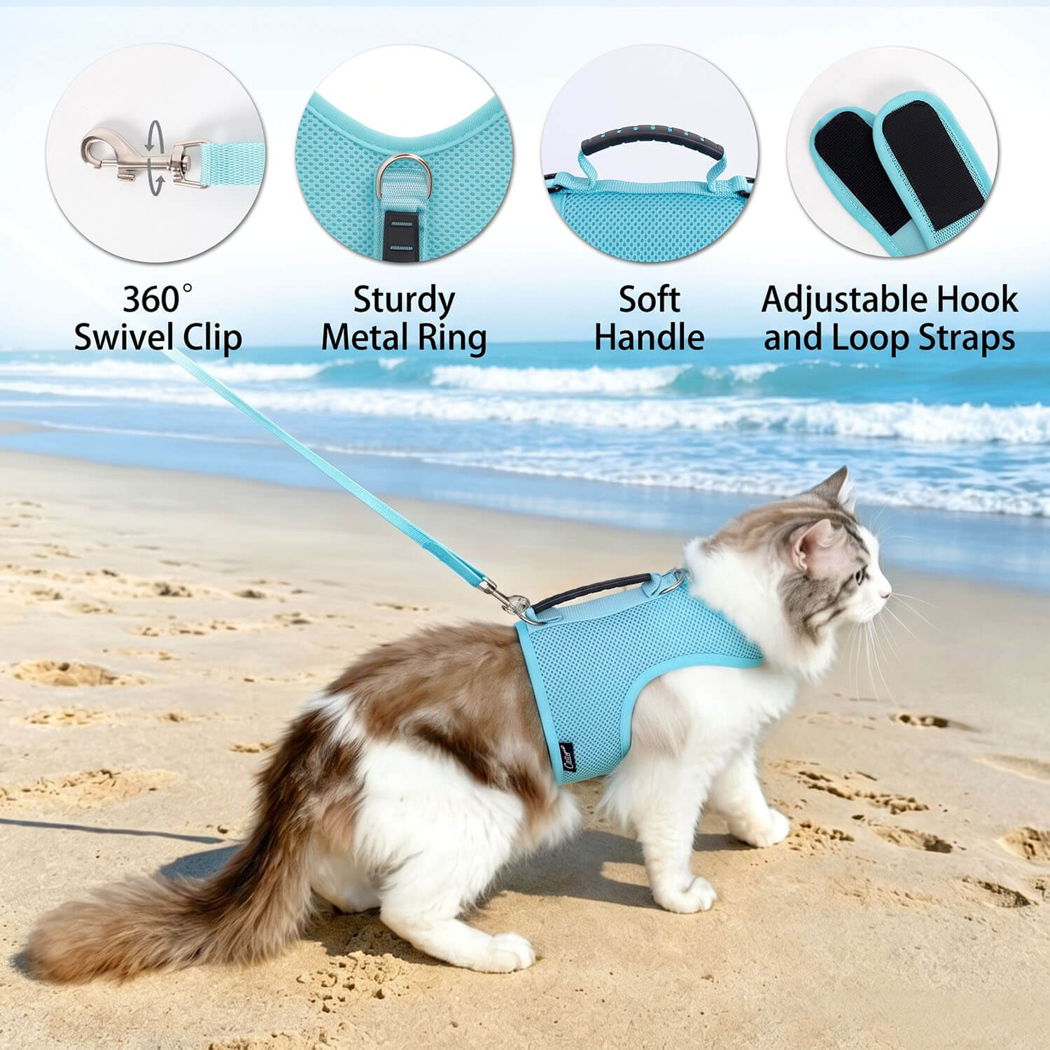 Mesh Cat Harness and Leash Set with Handle - Lack Blue