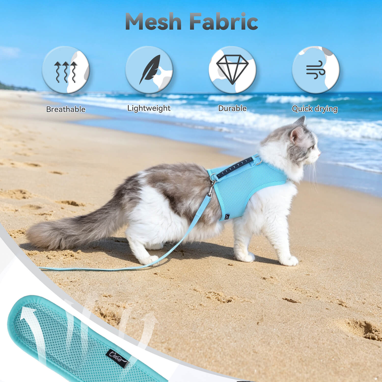 Mesh Cat Harness and Leash Set with Handle - Lack Blue